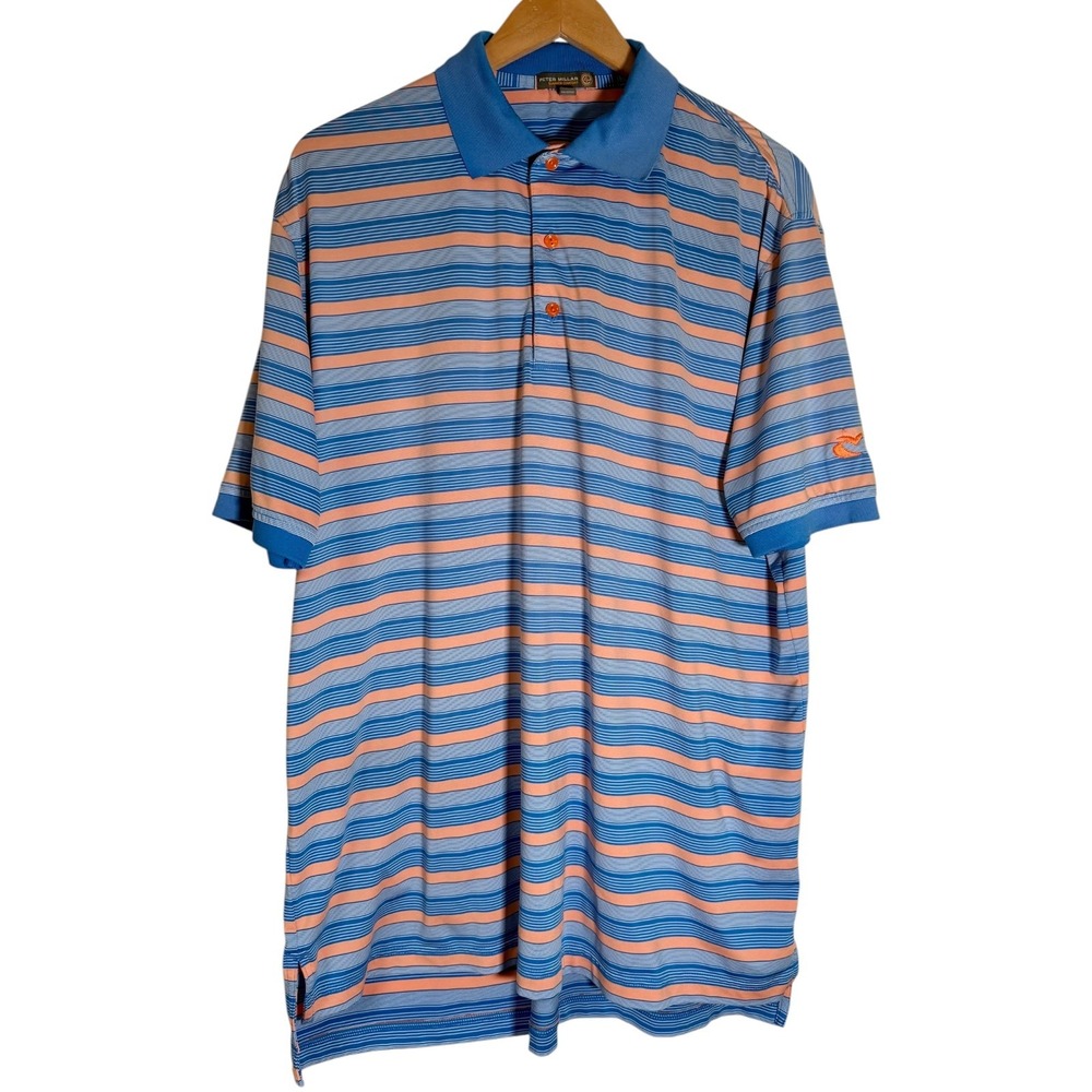 Peter Millar Men's Summer Comfort Polo Sea Island Golf Club Stripe Blue Orange L